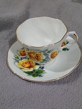 Antique Made In England Teacup Duo with Yellow Rose Floral Design and Gold Trim